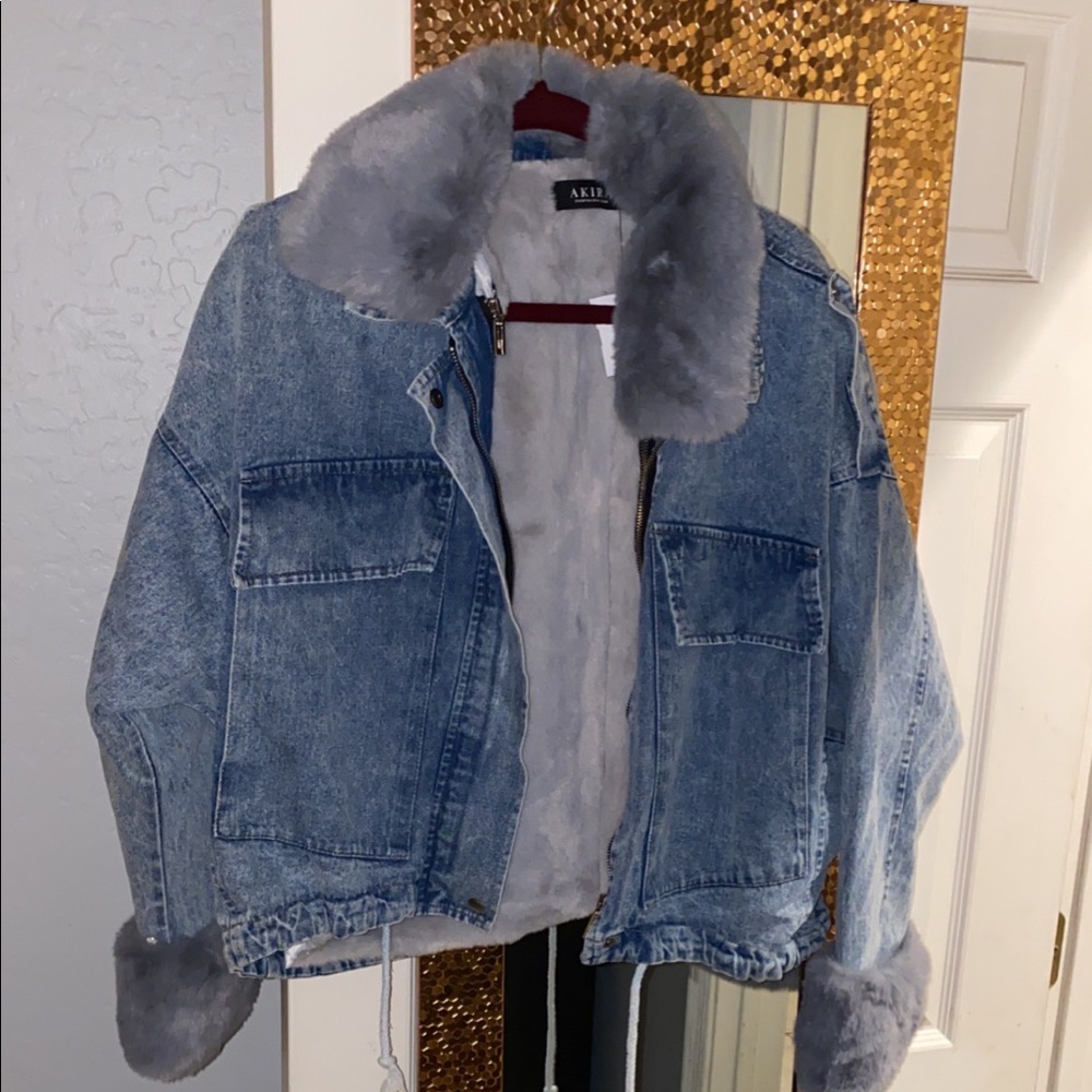 Blue faux fur oversized denim jacket size M fits Large